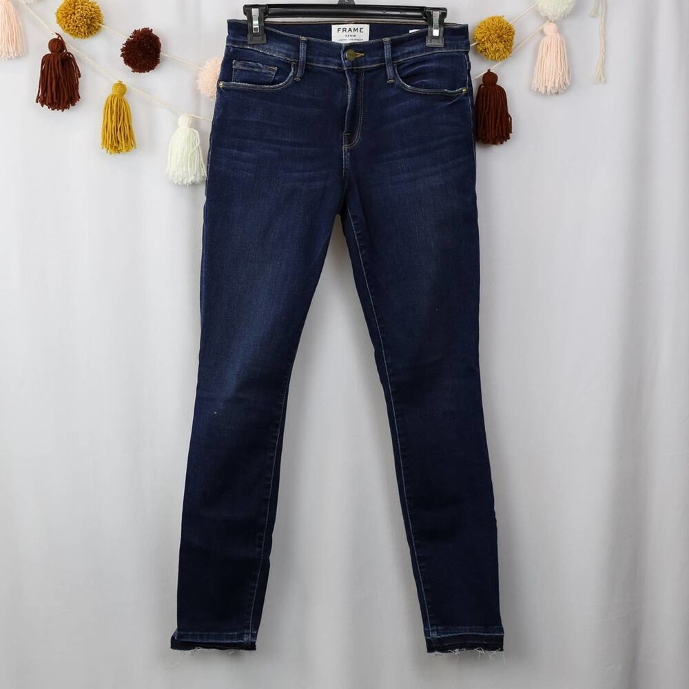 Frame Le Skinny De Jeanne Distressed Dark Wash Released Raw Hem Mid Rise Size 28